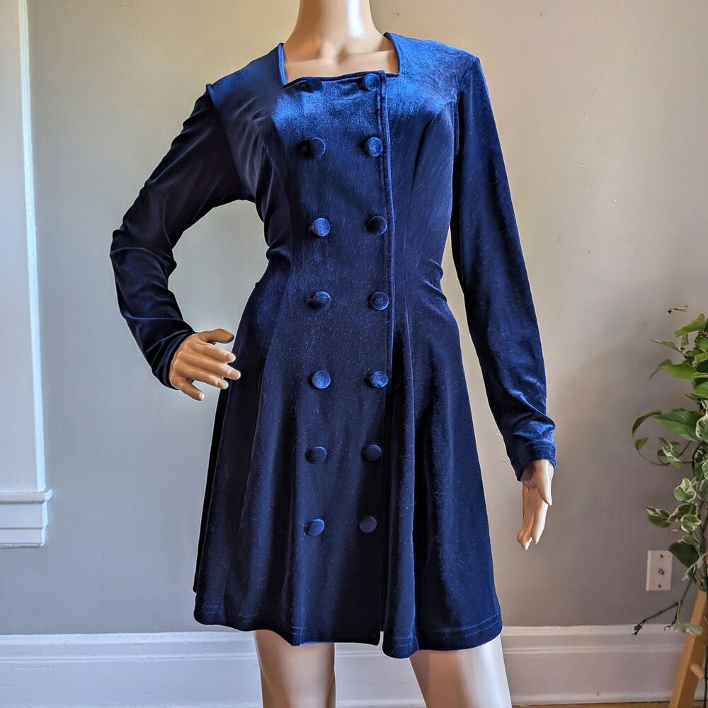 Vintage 90s Luly K Blue Velvet Mini Dress Double Breasted Whimisgoth Witchy 12